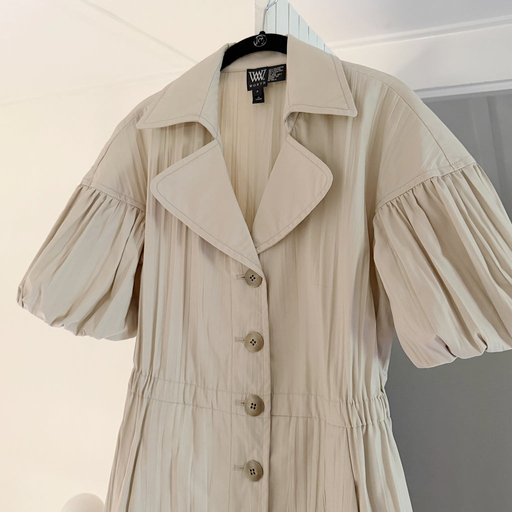 Worth Pleated Puff Sleeve Button Front A-Line Shirt Dress Size P