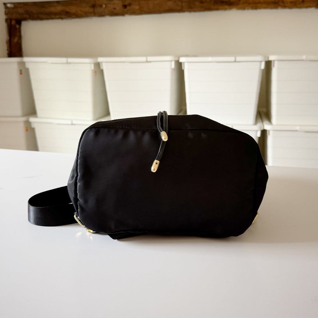Nylon Faux Leather Trim Drawcord Mini Bucket Backpack Black