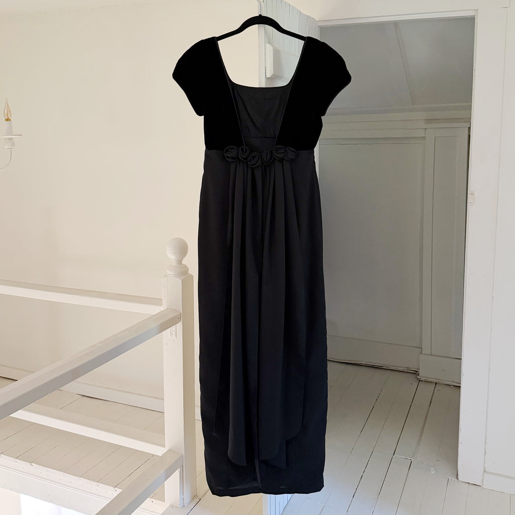 Vintage 90s Velvet Combo Rosette Empire Waist Maxi Dress Size 9-10