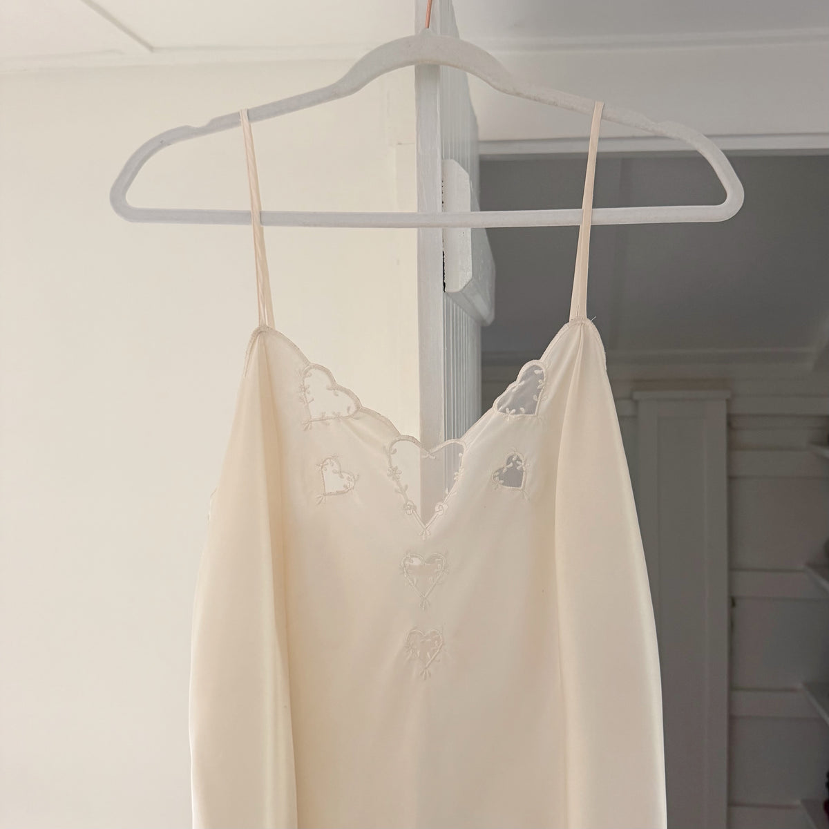 Valerie Stevens Vintage 90s Satin Heart Inset Midi Slip Dress Ivory Size L