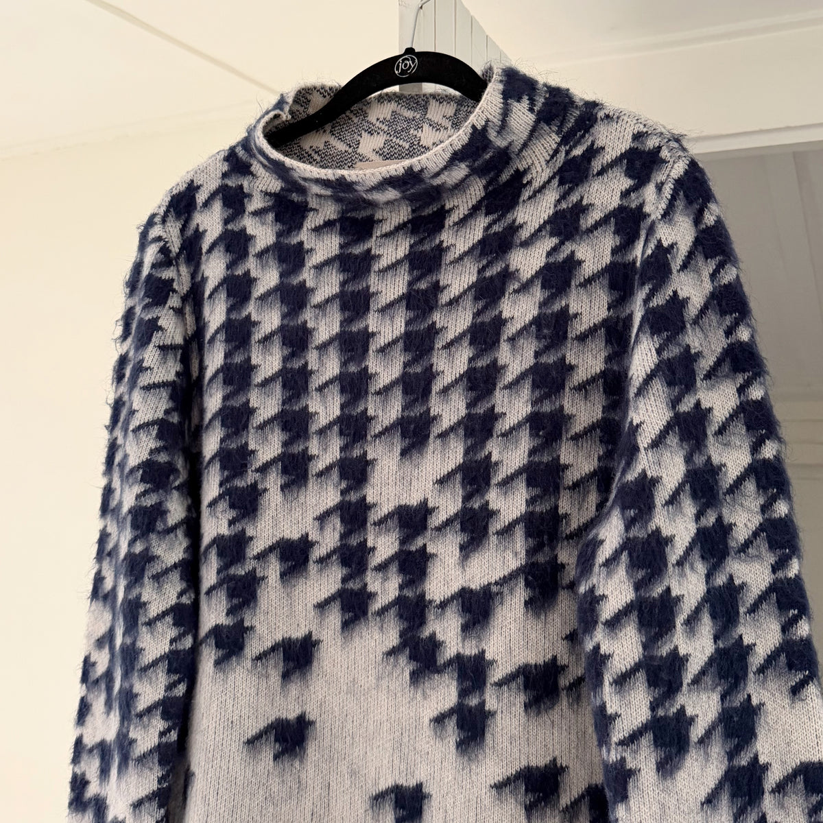 Natan Merino Wool Houndstooth Jacquard Turtleneck Sweater Size 3 Grey/Navy