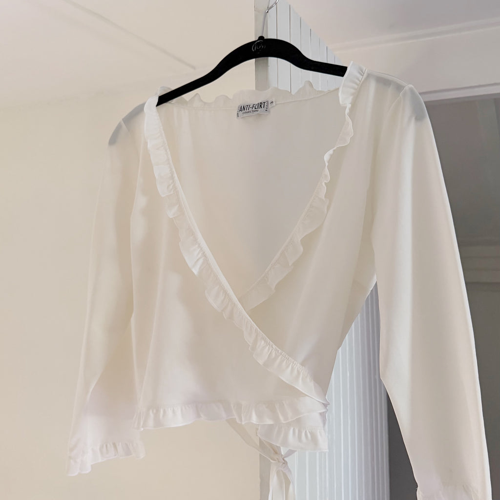 Anti-Flirt Collection Vintage 90s 3/4 Sleeve Ruffle Trim Wrap Top Size 3