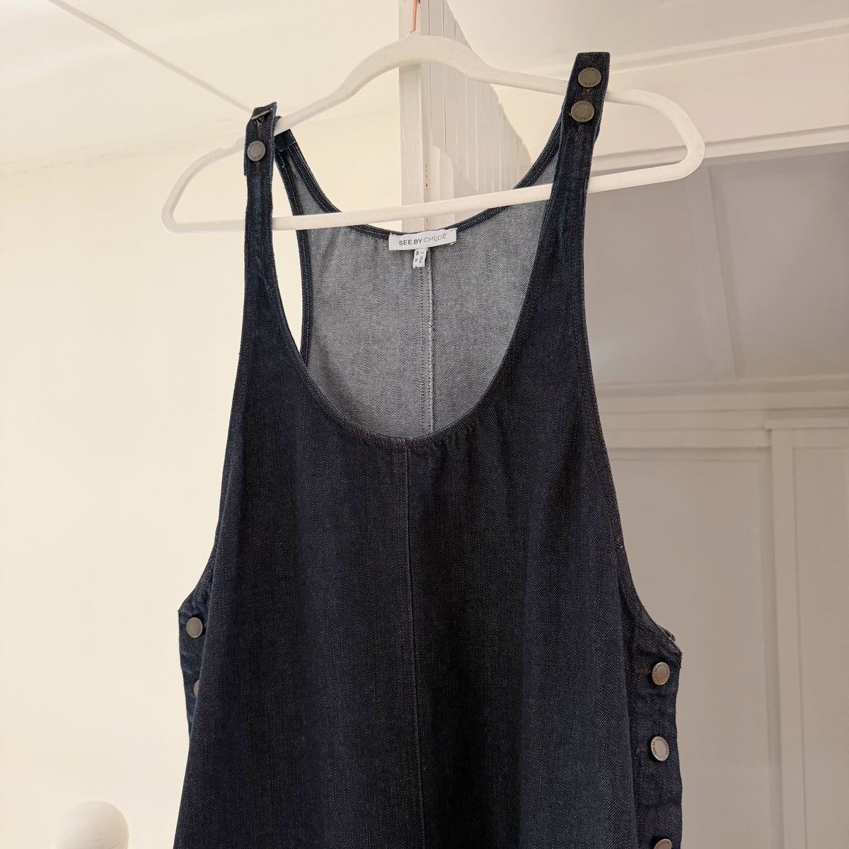 See By Chloe Vintage Y2K Mini Denim Overall Dress Size IT 46 Dark Wash