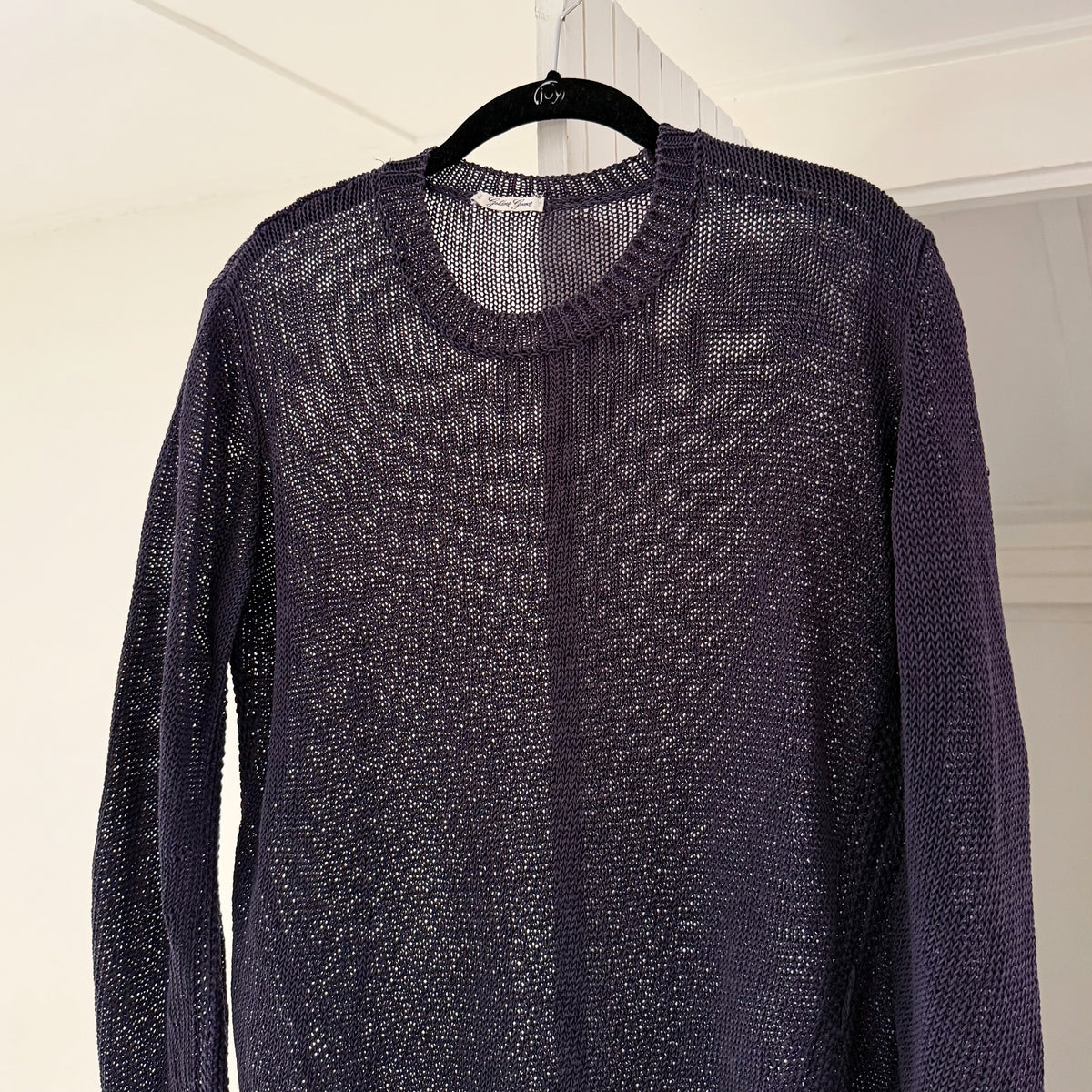 Golden Goose Silk Linen Sheer Open Knit Bias Cut Crewneck Sweater Navy