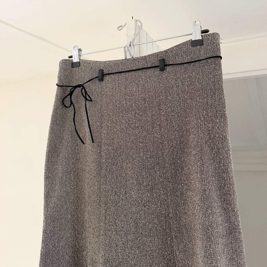 Powder Blu Vintage Y2K Herringbone Belted Midi Skirt Size 5 Grey