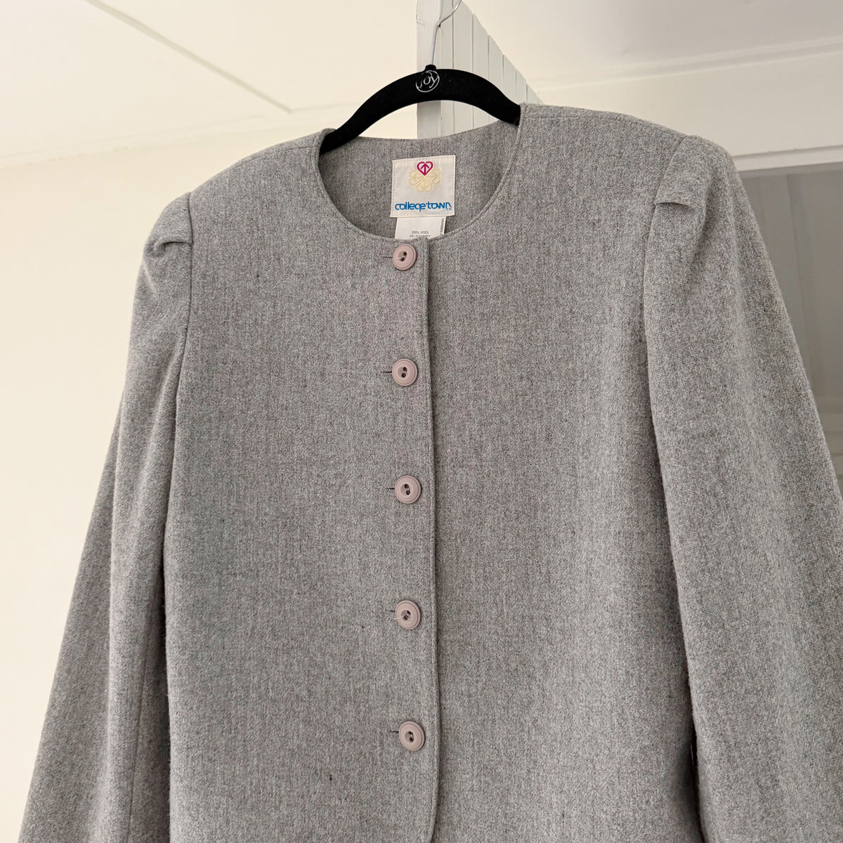 College Town Vintage 80s Wool Collarless Blazer Jacket Size 9/10 Grey
