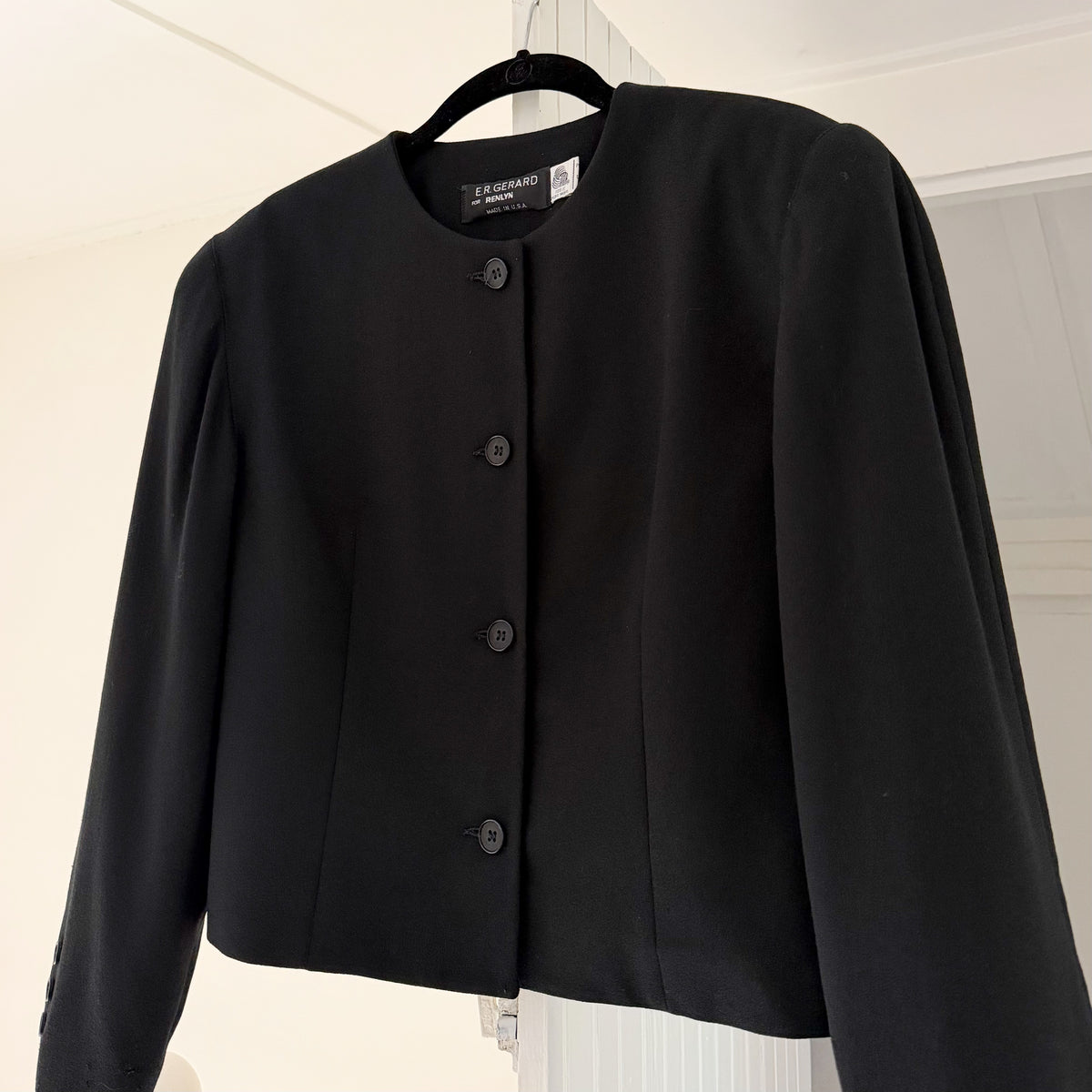 E.R. Gerard For Renlyn Vintage 90s Wool Collarless Blazer Jacket Black Size 6