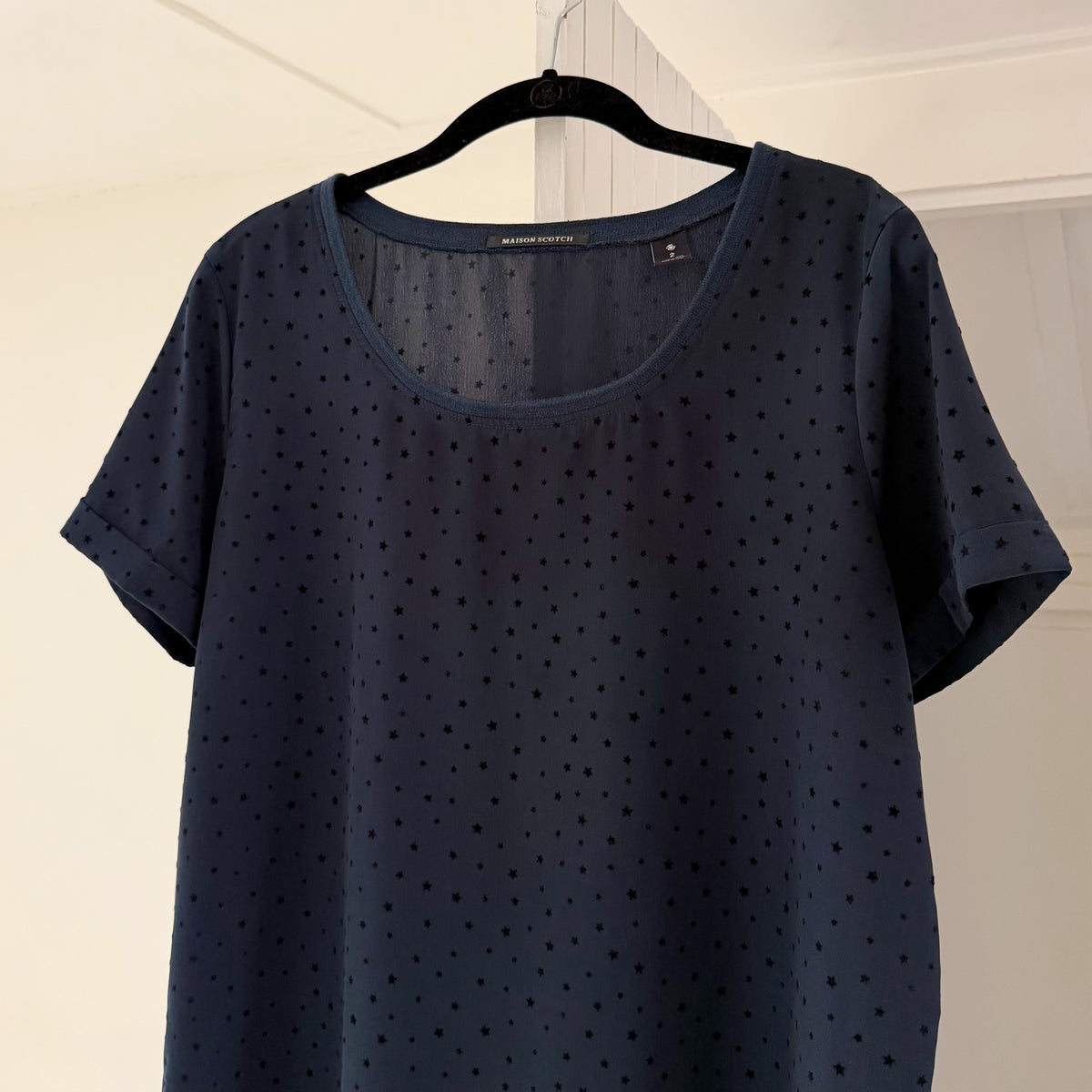 Maison Scotch Swiss Dot Star Print Short Sleeve Top Size 2 Navy