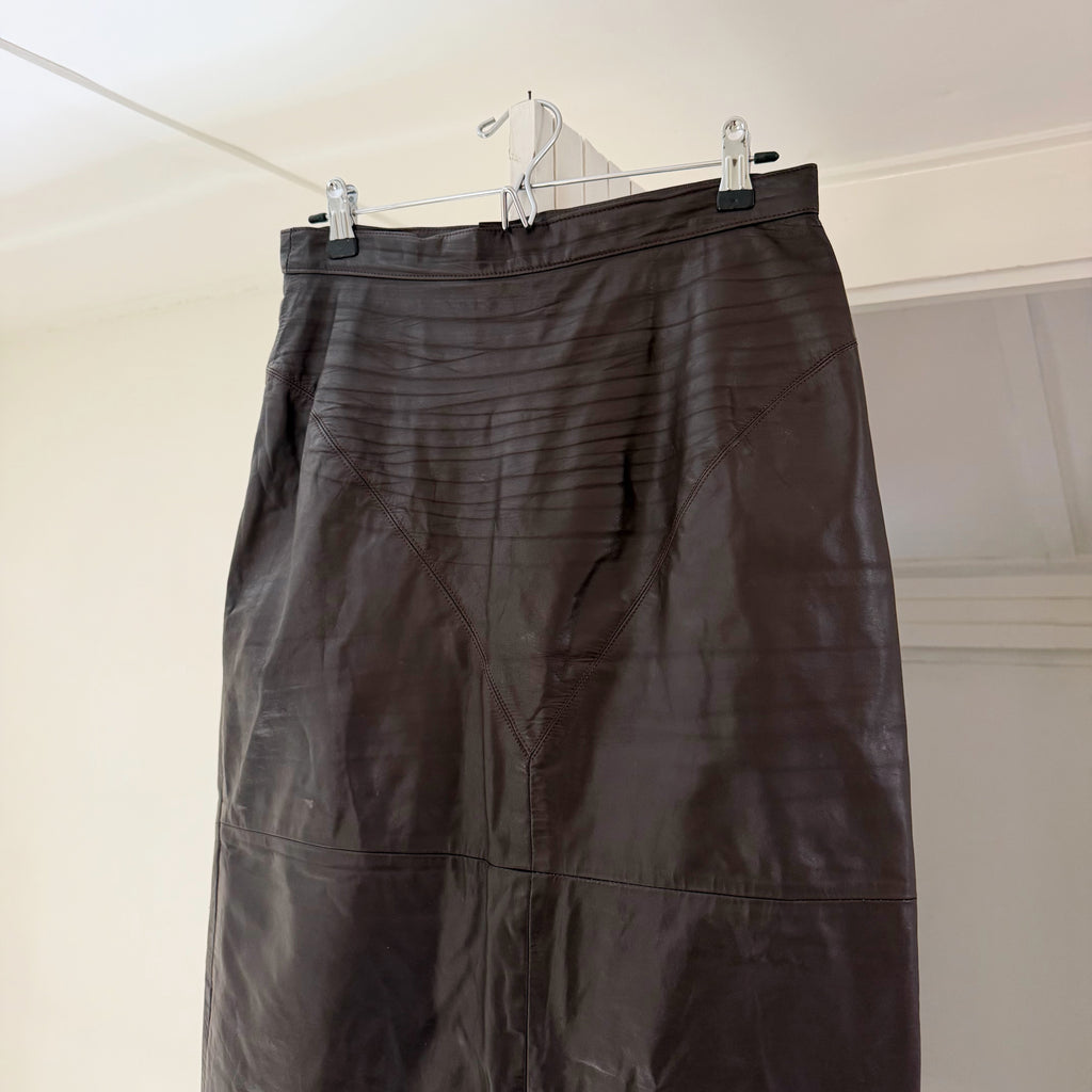 Lela Leather Vintage 80s Midi Pencil Skirt Size 11/12 Brown