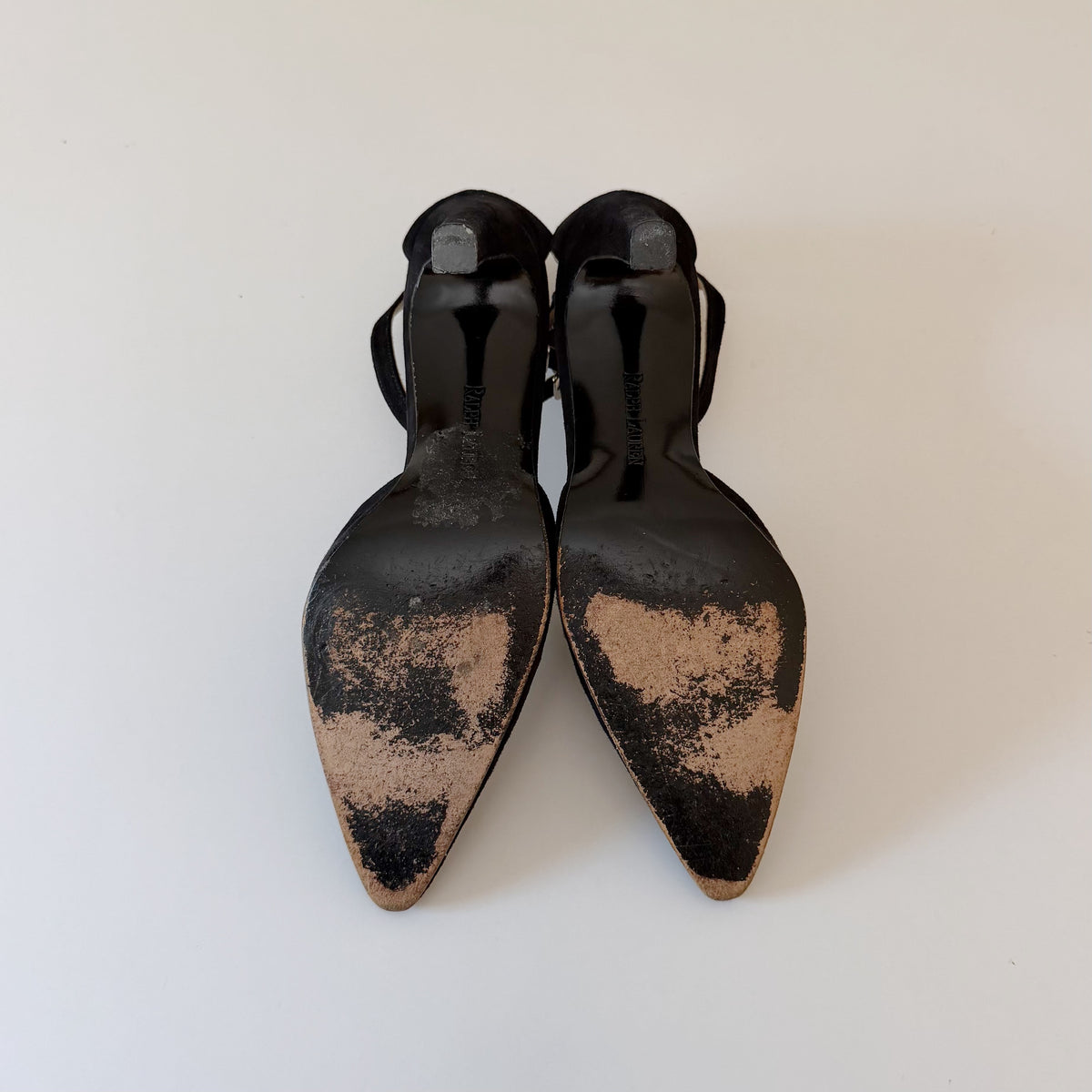 Ralph Lauren Suede Pointed Toe T-Strap Heels Black Size 7