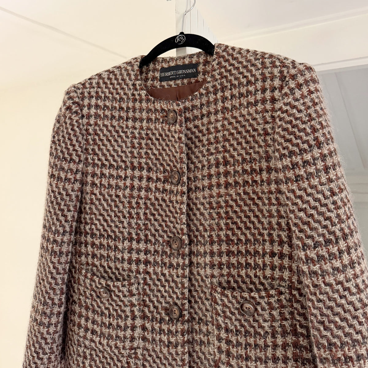 Herbert Grossman Vintage 90s Wool Houndstooth Collarless Blazer Jacket Size 8