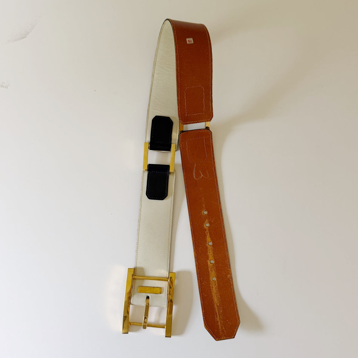 Saks Fifth Avenue Vintage 80s Leather Gold Buckle Waist Belt White/Black Size S