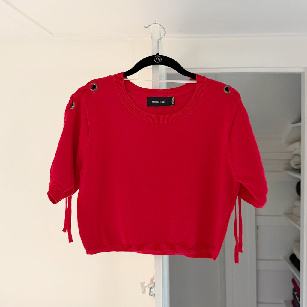 MinkPink Julian Knit Lace-Up Grommet Sleeve Crop Top Size M