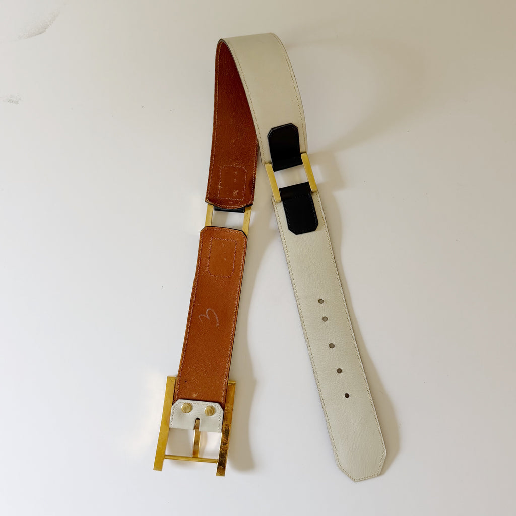 Saks Fifth Avenue Vintage 80s Leather Gold Buckle Waist Belt White/Black Size S