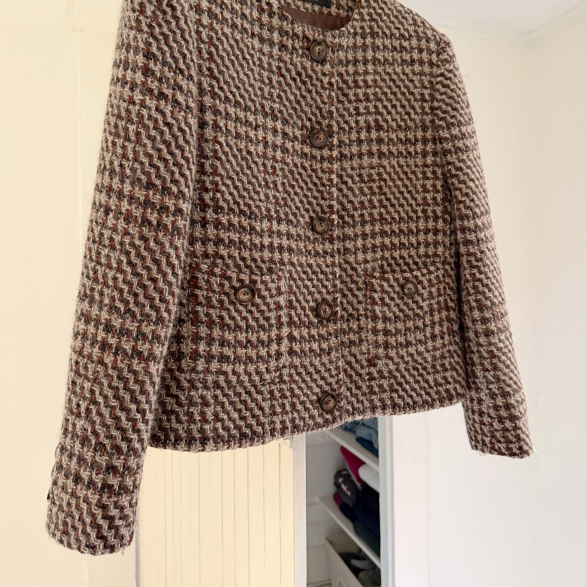 Herbert Grossman Vintage 90s Wool Houndstooth Collarless Blazer Jacket Size 8