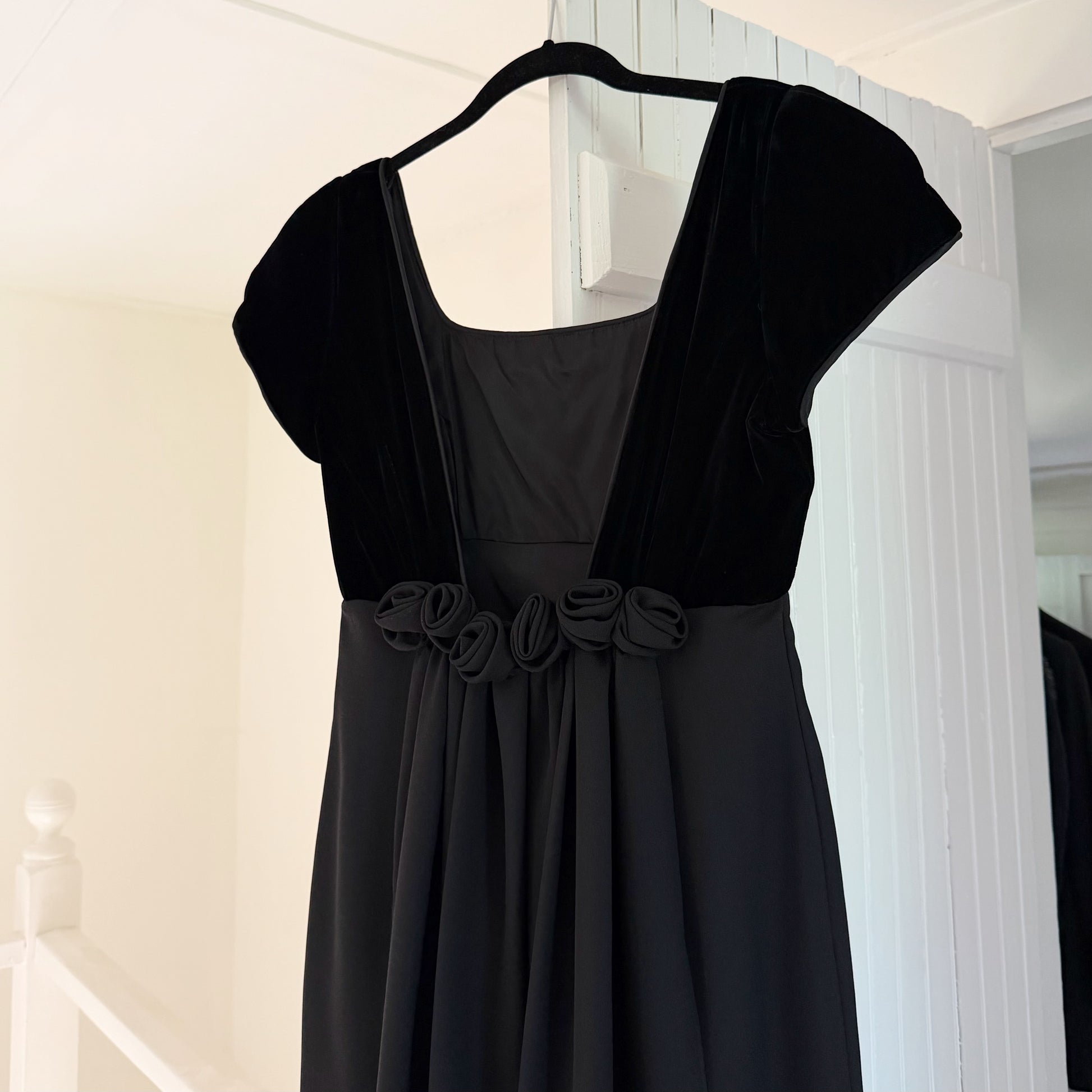 Vintage 90s Velvet Combo Rosette Empire Waist Maxi Dress Size 9-10