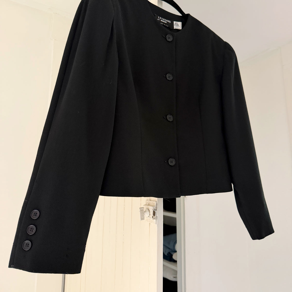 E.R. Gerard For Renlyn Vintage 90s Wool Collarless Blazer Jacket Black Size 6