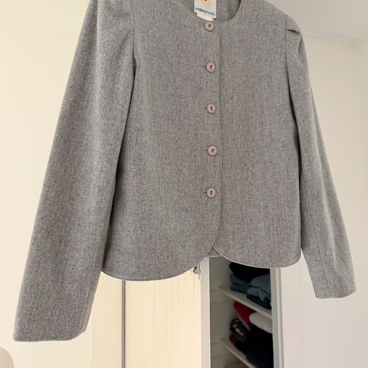 College Town Vintage 80s Wool Collarless Blazer Jacket Size 9/10 Grey