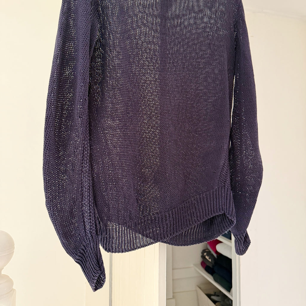 Golden Goose Silk Linen Sheer Open Knit Bias Cut Crewneck Sweater Navy
