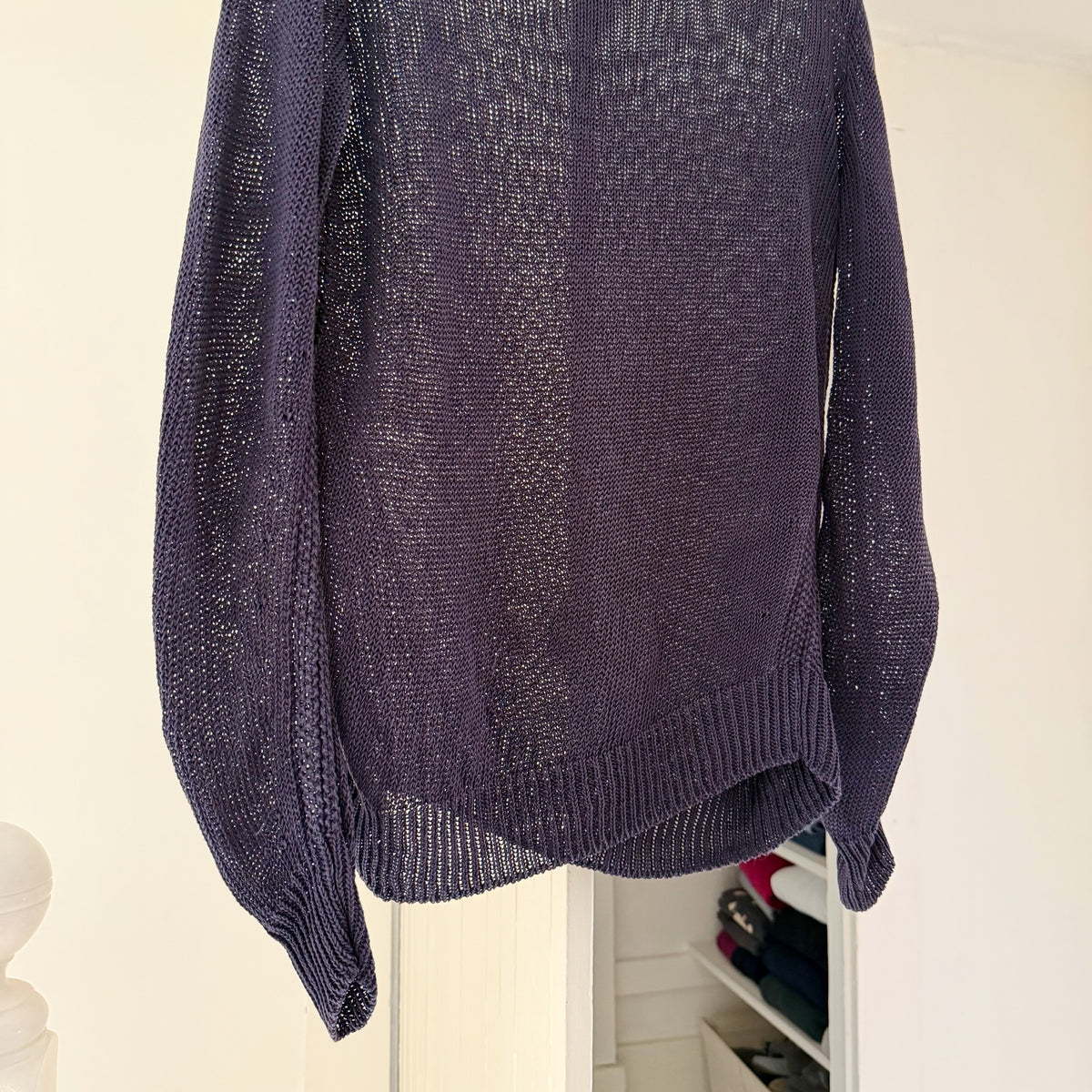 Golden Goose Silk Linen Sheer Open Knit Bias Cut Crewneck Sweater Navy