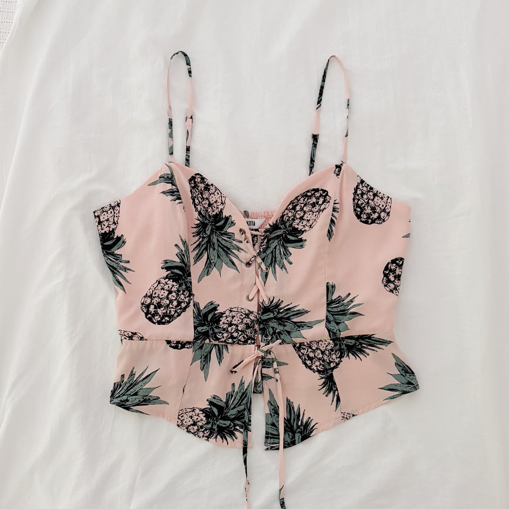 BB Dakota Jojo Pineapple Print Lace Up Peplum Corset Top NWOT Size M