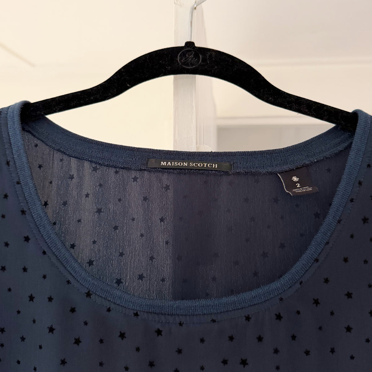 Maison Scotch Swiss Dot Star Print Short Sleeve Top Size 2 Navy