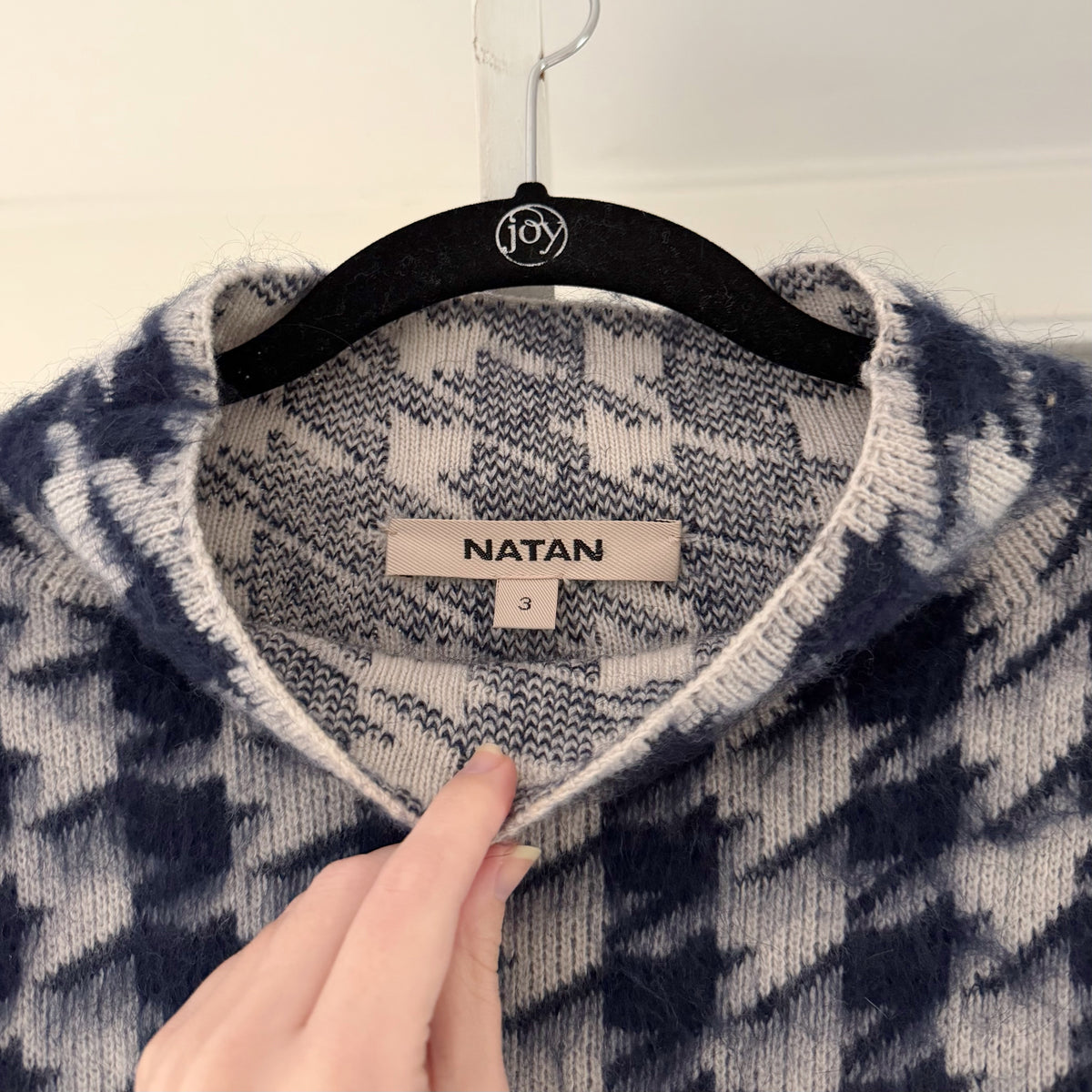 Natan Merino Wool Houndstooth Jacquard Turtleneck Sweater Size 3 Grey/Navy