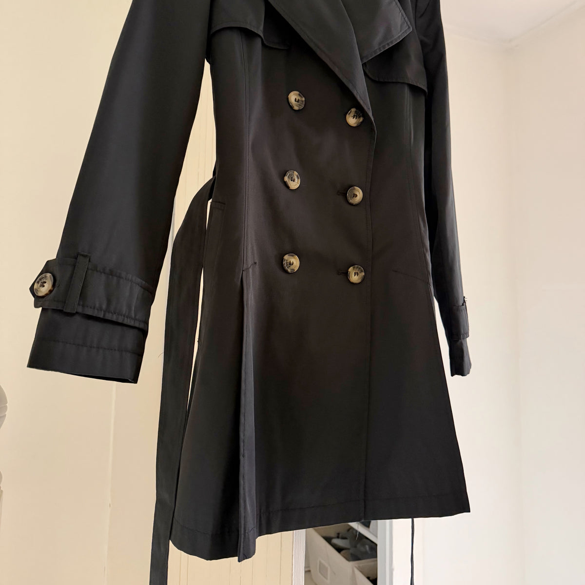 DKNY Y2K Abby Double Breasted Trench Coat in Black Size S