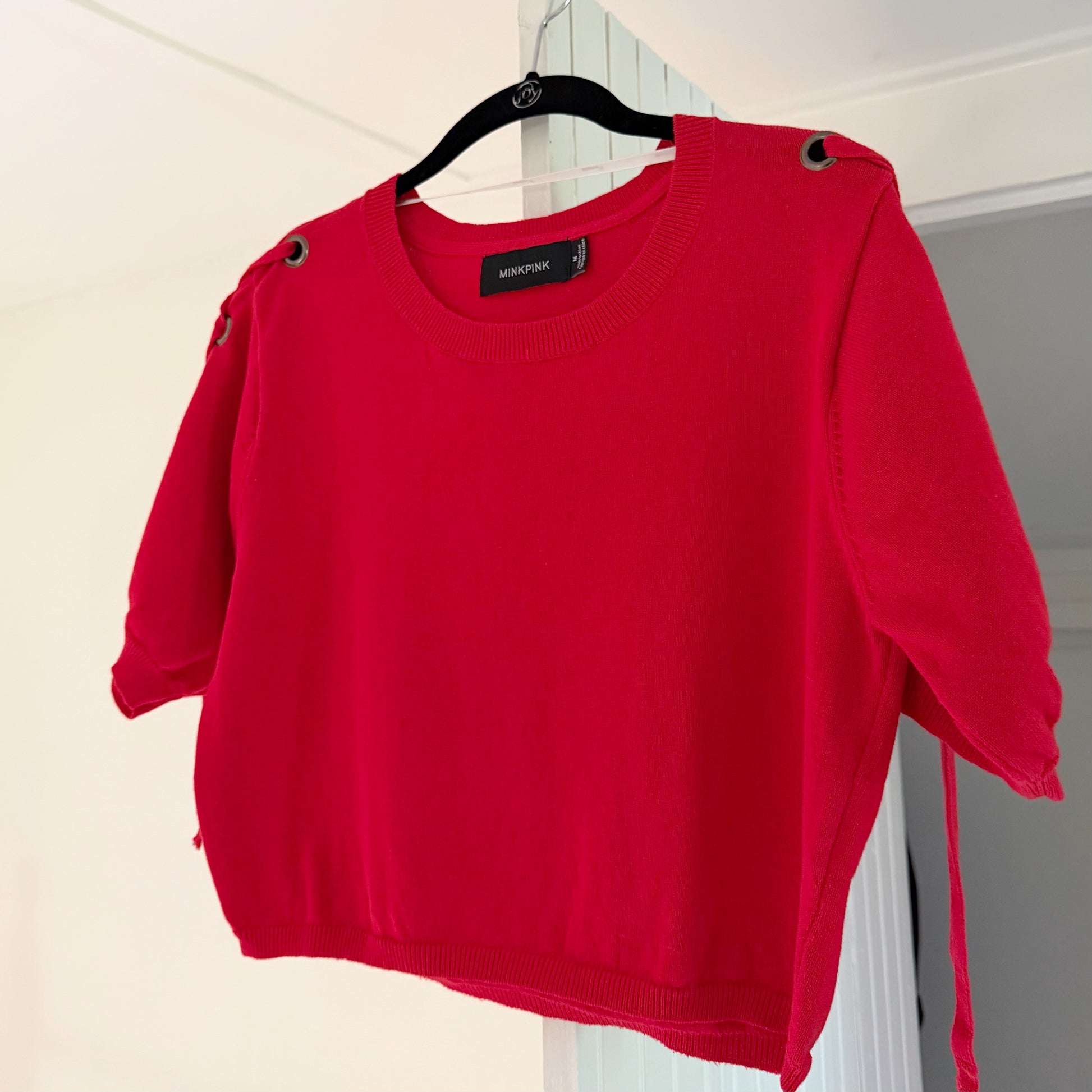 MinkPink Julian Knit Lace-Up Grommet Sleeve Crop Top Size M