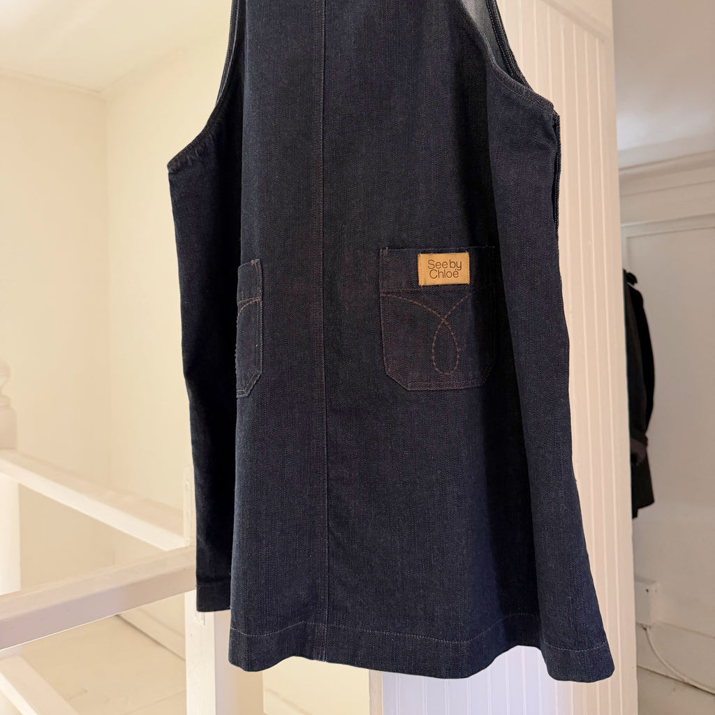 See By Chloe Vintage Y2K Mini Denim Overall Dress Size IT 46 Dark Wash