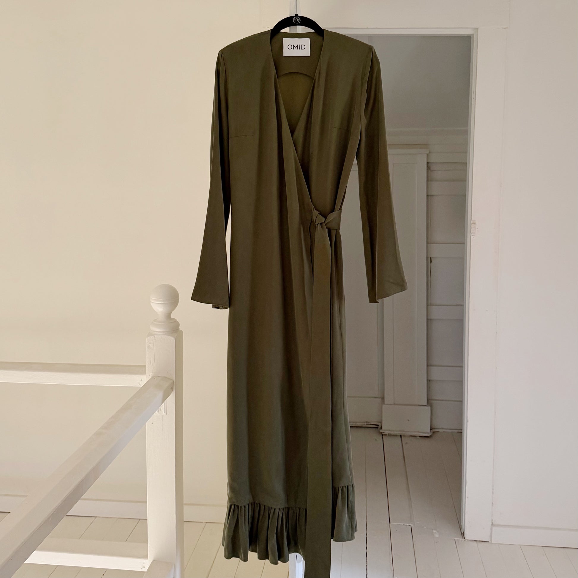 Omid by Hadar The Leah Satin Maxi Wrap Dress in Olive Green Size XS