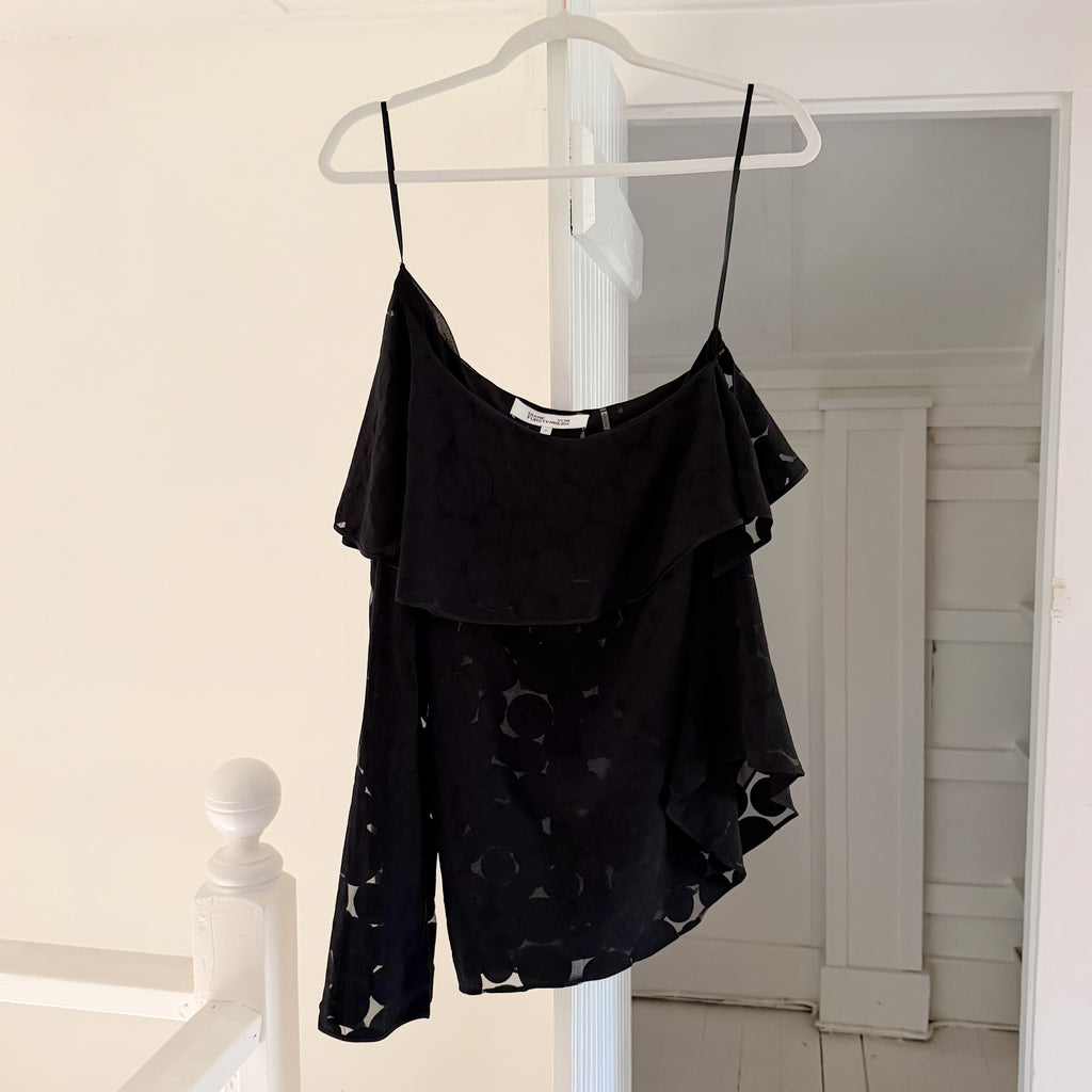 Diane Von Furstenberg Polka Dot One Shoulder Ruffle Top Black Size P