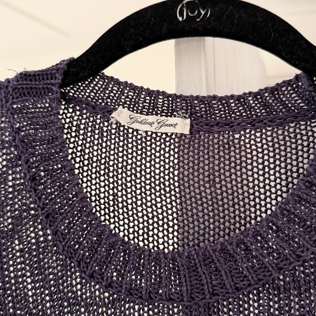 Golden Goose Silk Linen Sheer Open Knit Bias Cut Crewneck Sweater Navy