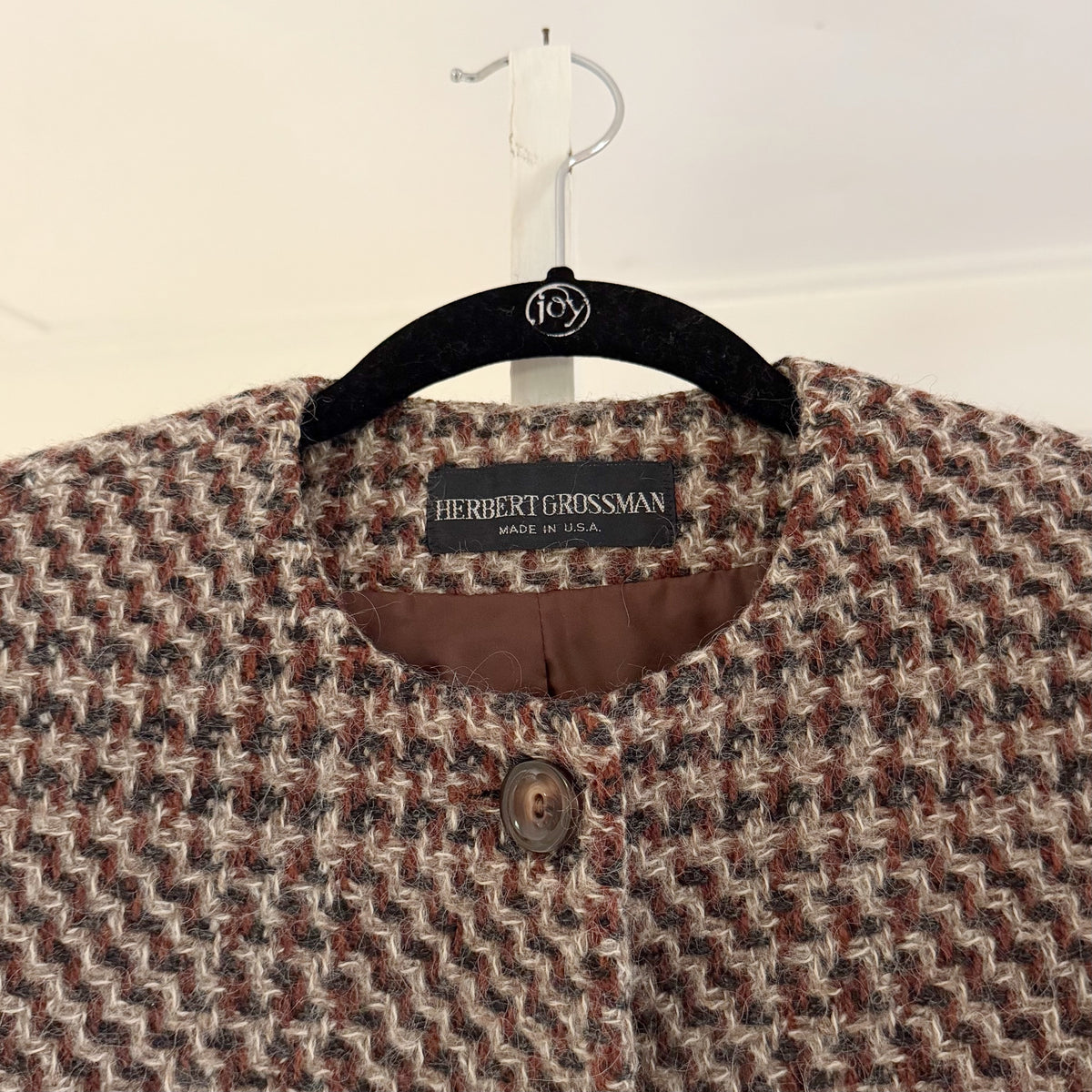Herbert Grossman Vintage 90s Wool Houndstooth Collarless Blazer Jacket Size 8