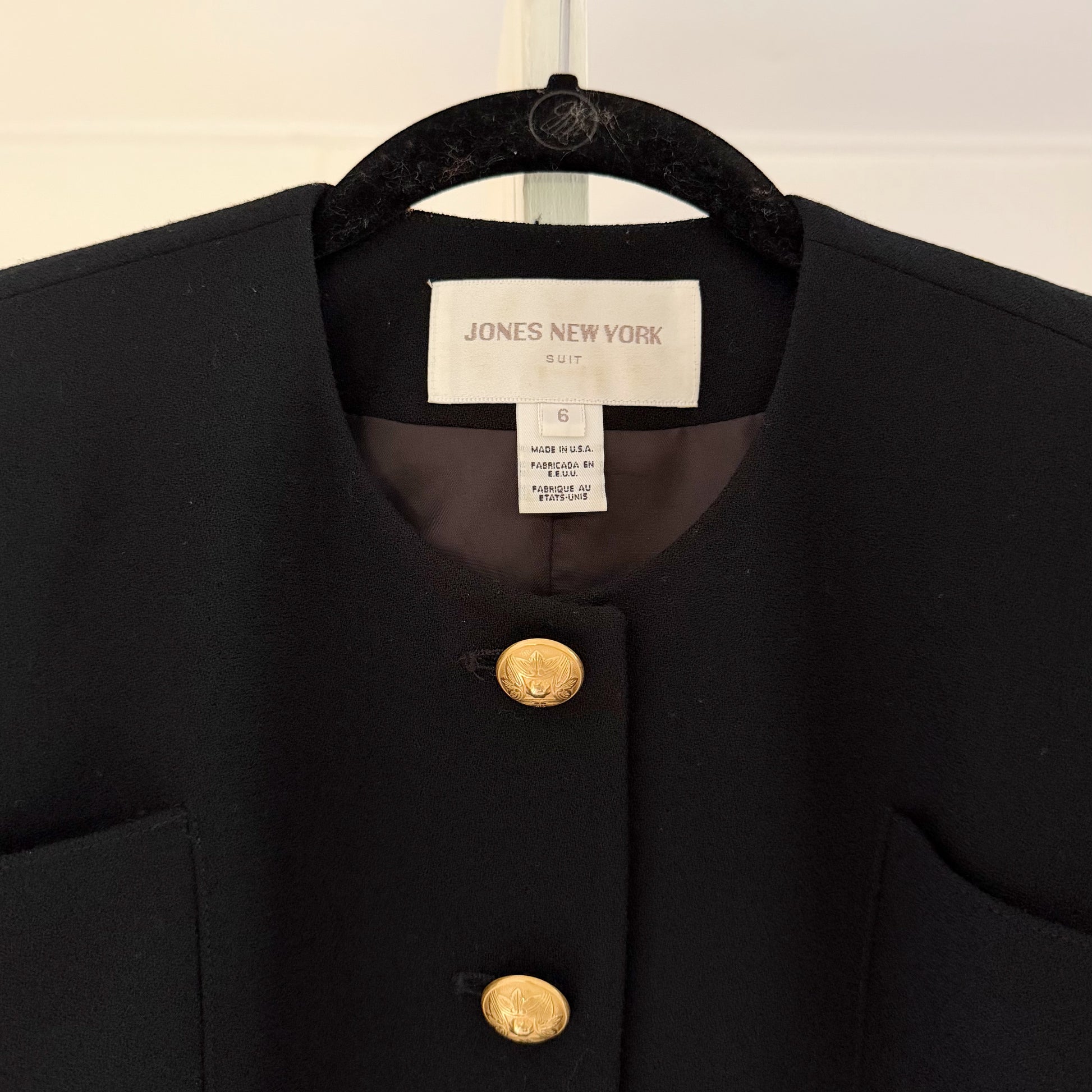 Jones New York Vintage 90s Wool Gold Button Collarless Blazer Size 6