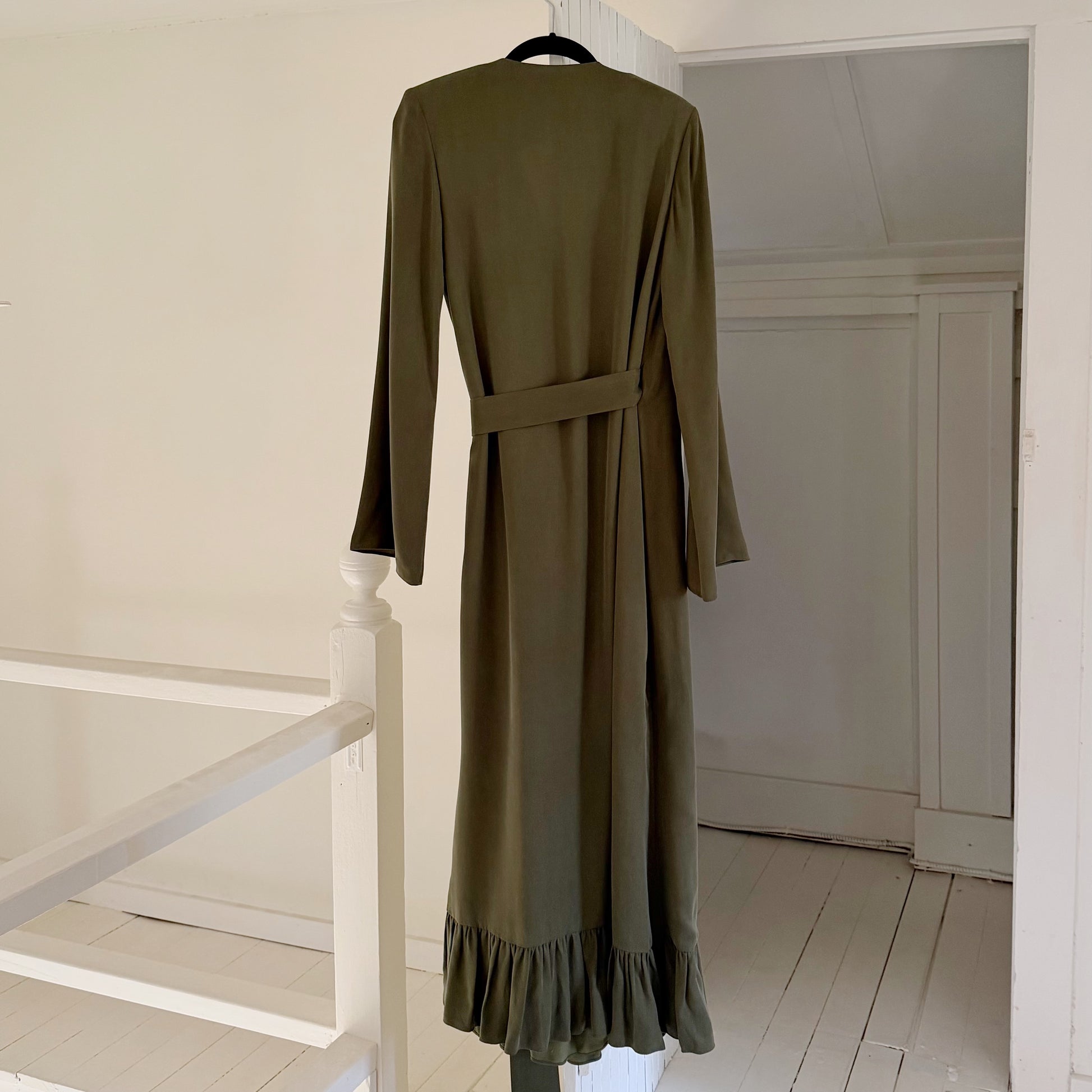 Omid by Hadar The Leah Satin Maxi Wrap Dress in Olive Green Size XS
