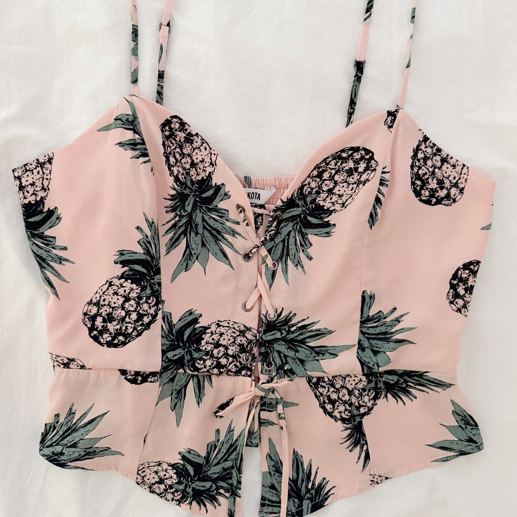 BB Dakota Jojo Pineapple Print Lace Up Peplum Corset Top NWOT Size M