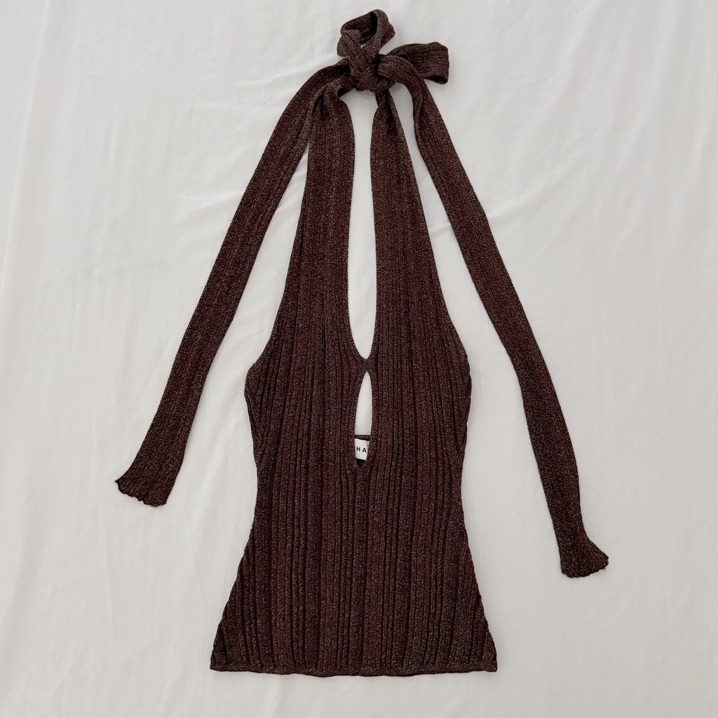 Misha Collection Echo Metallic Knit Halter Top Espresso NWOT Size S