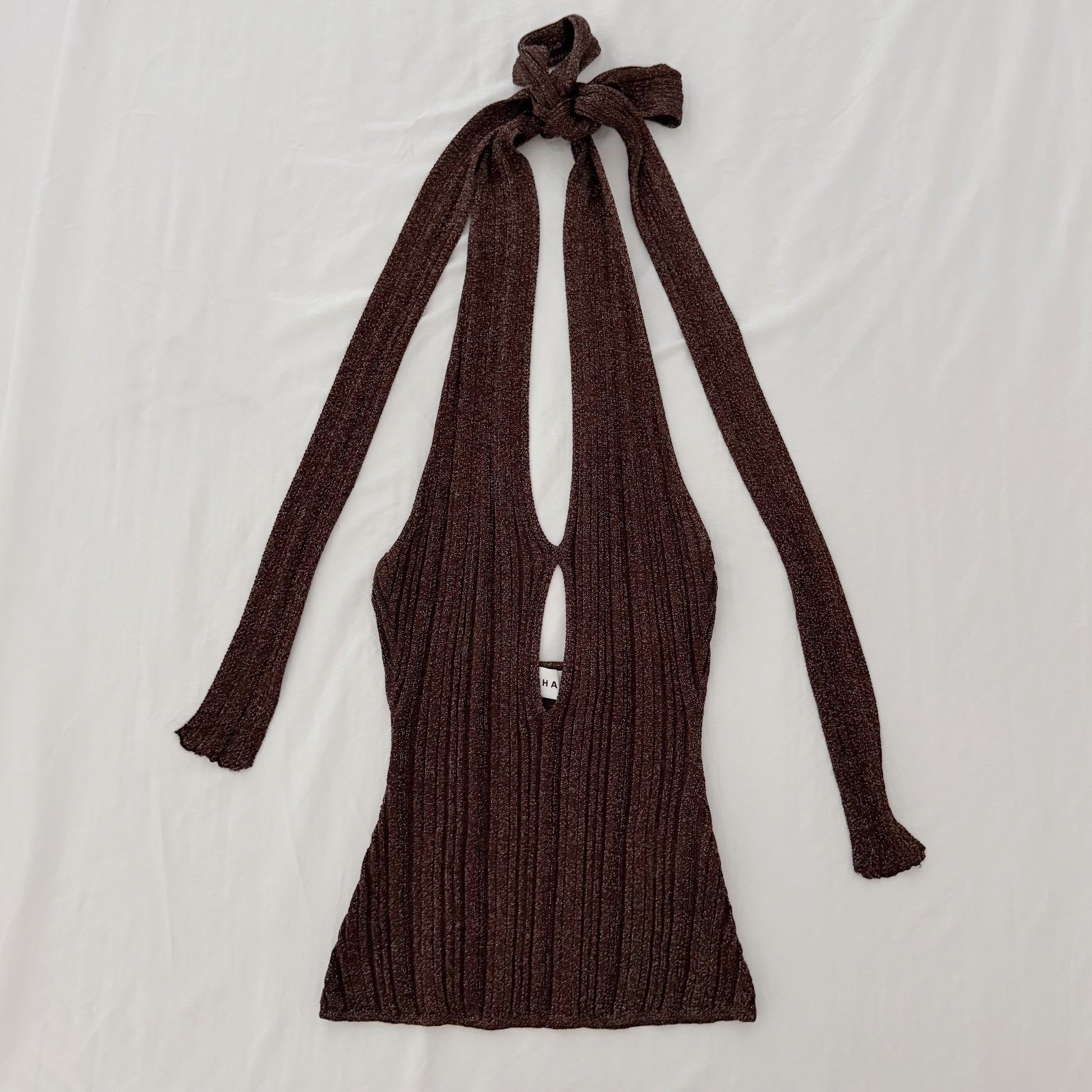 Misha Collection Echo Metallic Knit Halter Top Espresso NWOT Size S