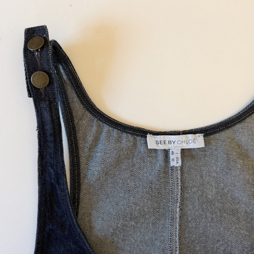 See By Chloe Vintage Y2K Mini Denim Overall Dress Size IT 46 Dark Wash