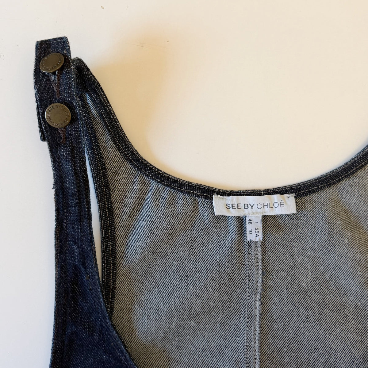 See By Chloe Vintage Y2K Mini Denim Overall Dress Size IT 46 Dark Wash