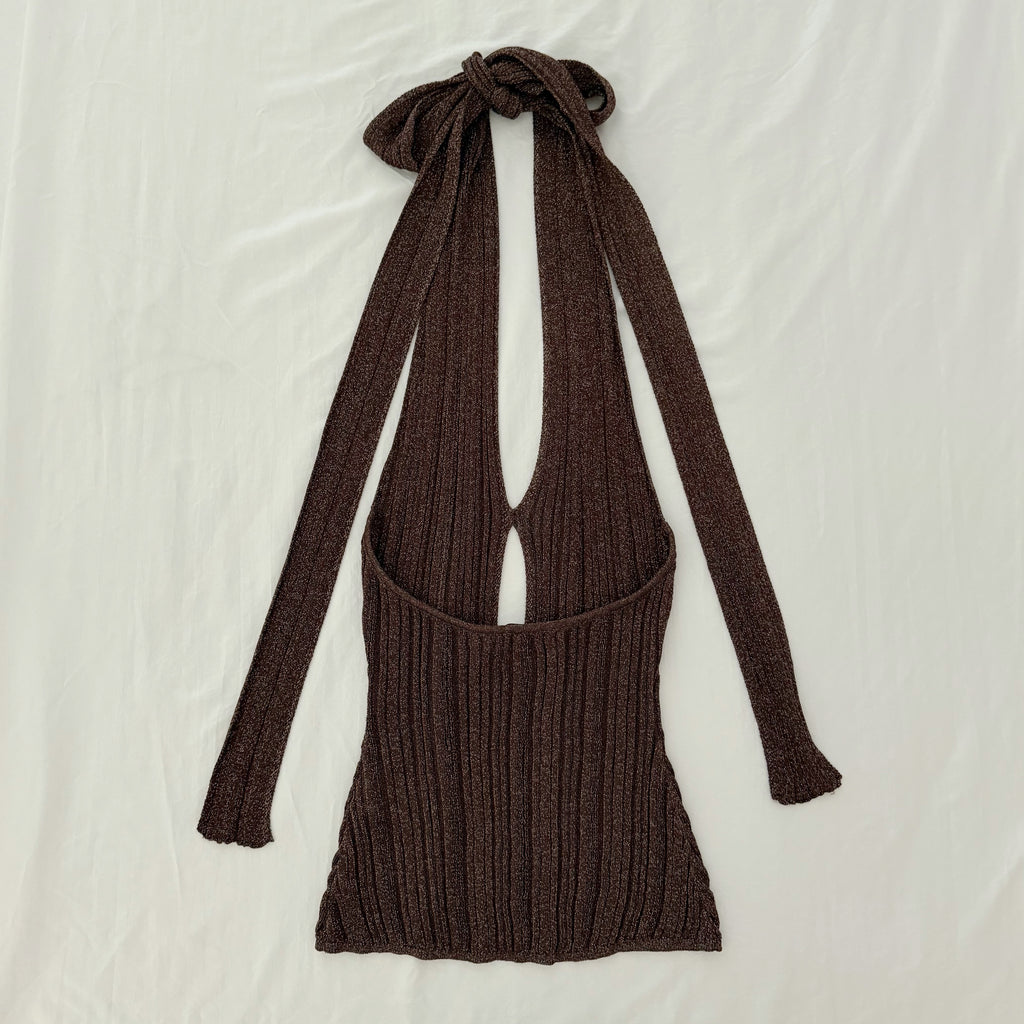 Misha Collection Echo Metallic Knit Halter Top Espresso NWOT Size S