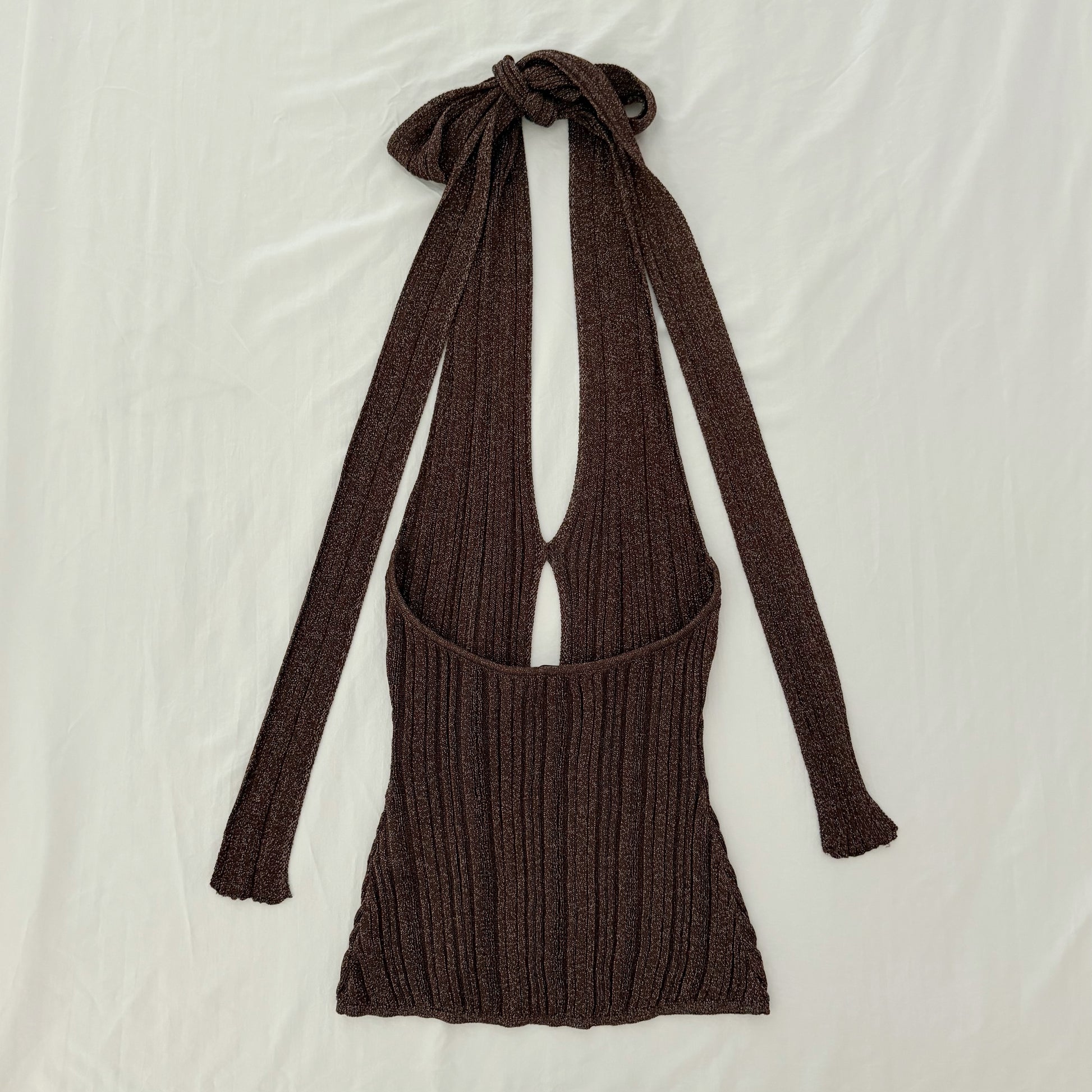 Misha Collection Echo Metallic Knit Halter Top Espresso NWOT Size S