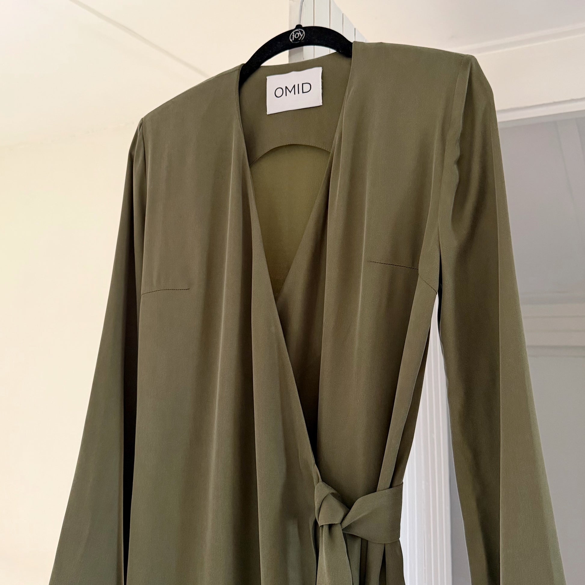 Omid by Hadar The Leah Satin Maxi Wrap Dress in Olive Green Size XS
