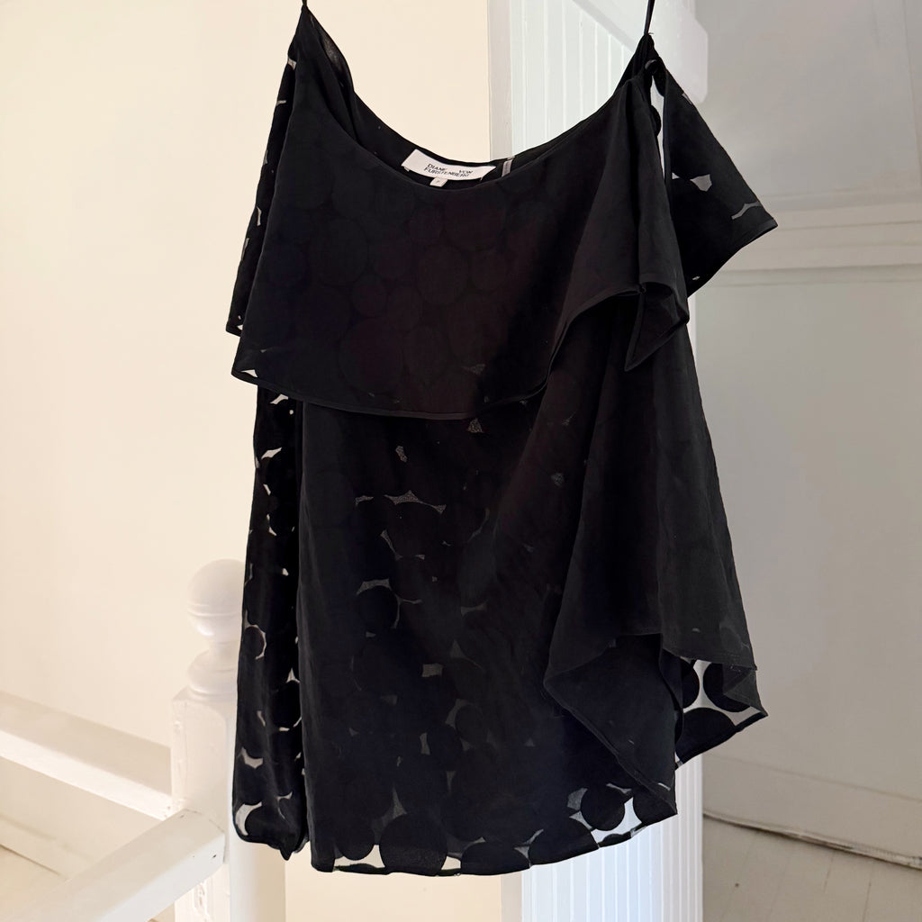 Diane Von Furstenberg Polka Dot One Shoulder Ruffle Top Black Size P
