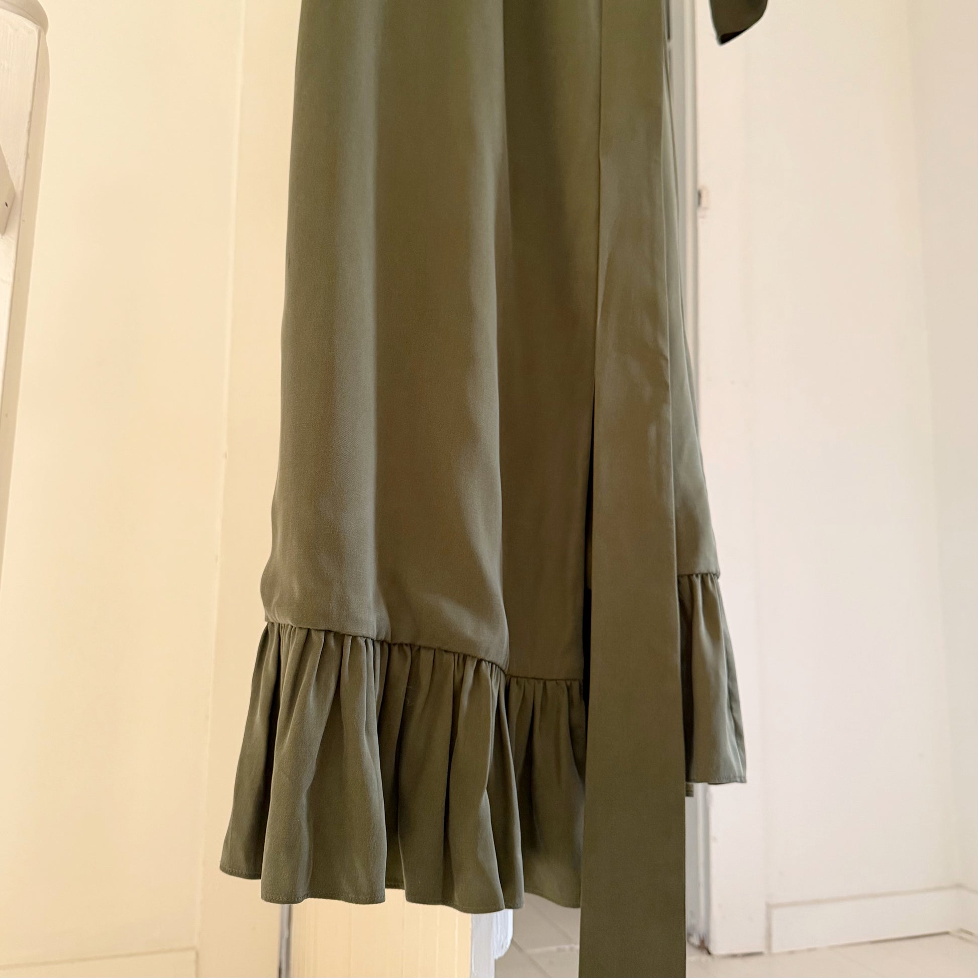 Omid by Hadar The Leah Satin Maxi Wrap Dress in Olive Green Size XS