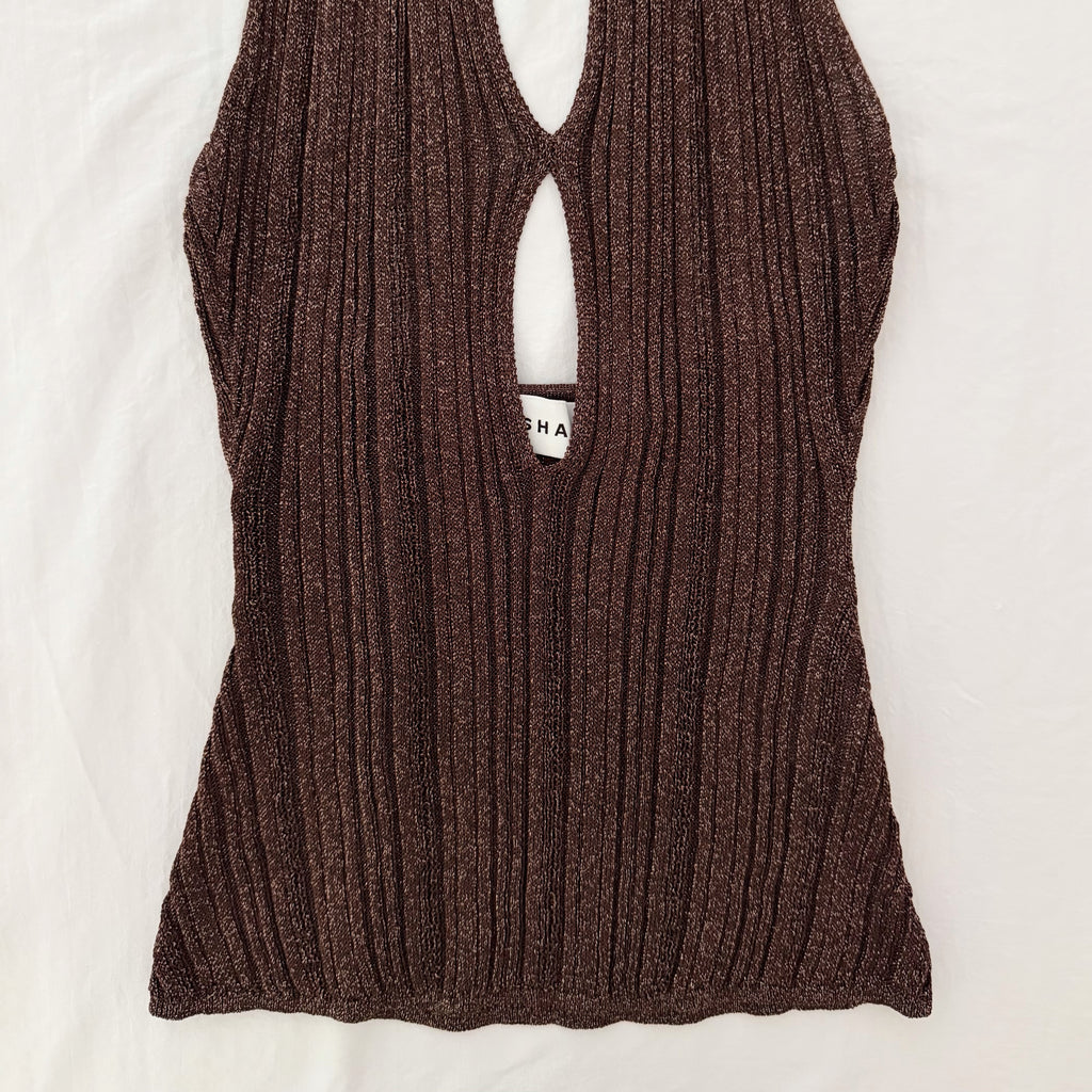 Misha Collection Echo Metallic Knit Halter Top Espresso NWOT Size S
