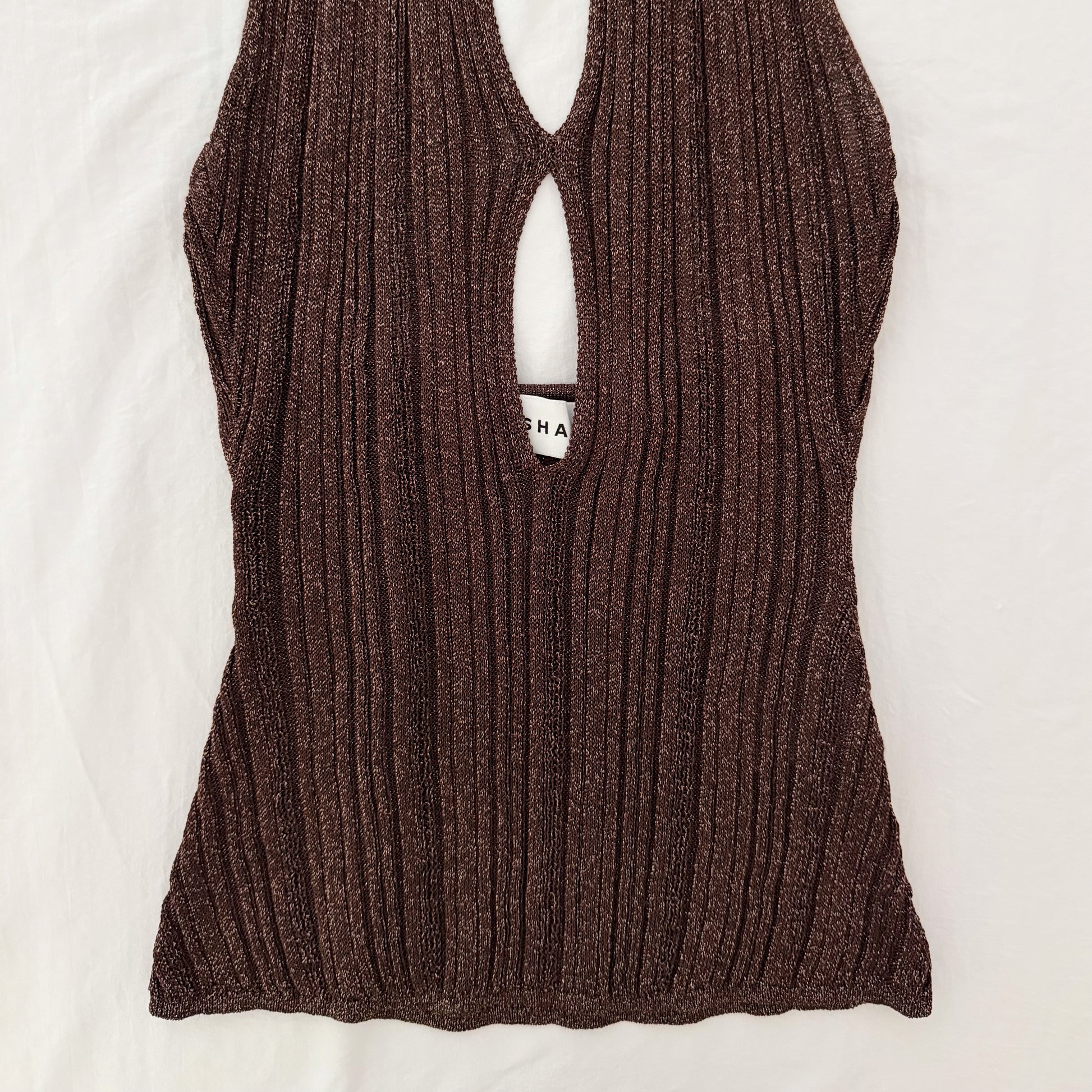 Misha Collection Echo Metallic Knit Halter Top Espresso NWOT Size S