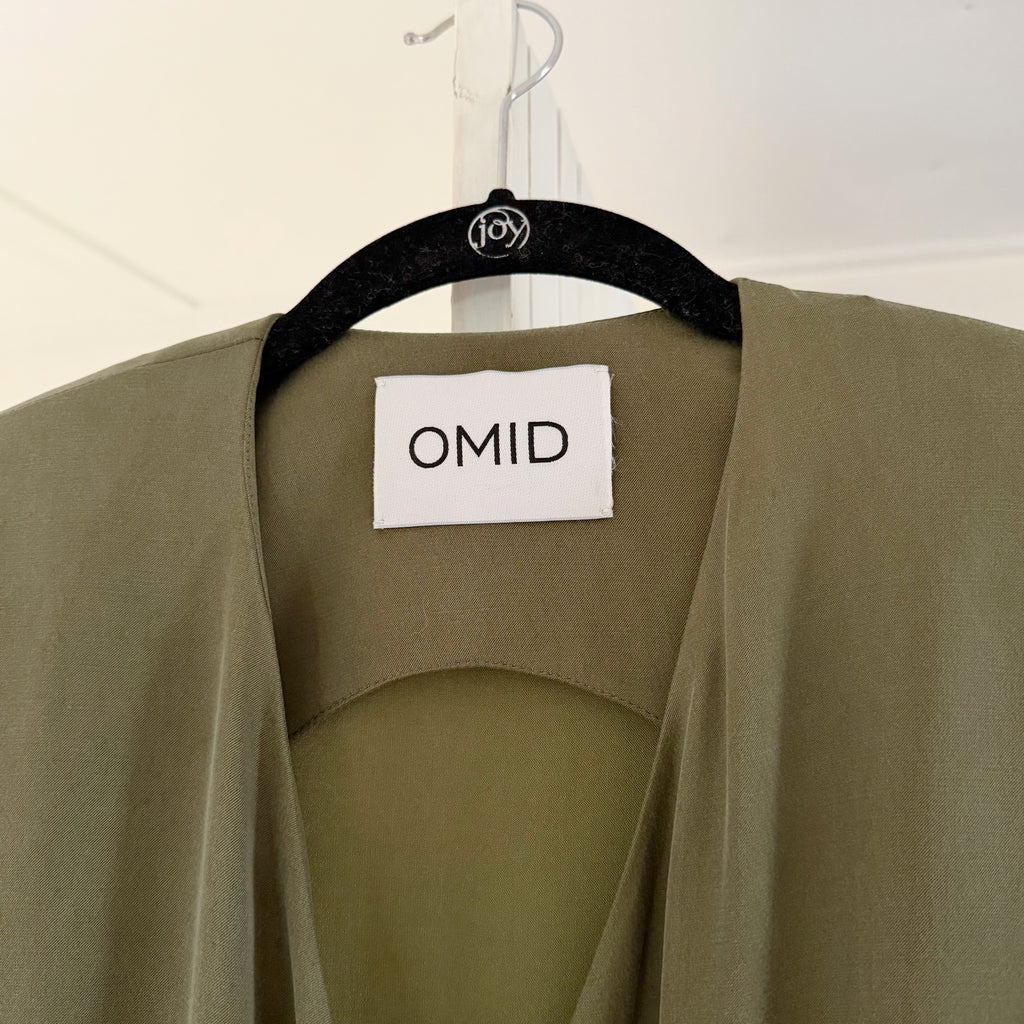 Omid by Hadar The Leah Satin Maxi Wrap Dress in Olive Green Size XS