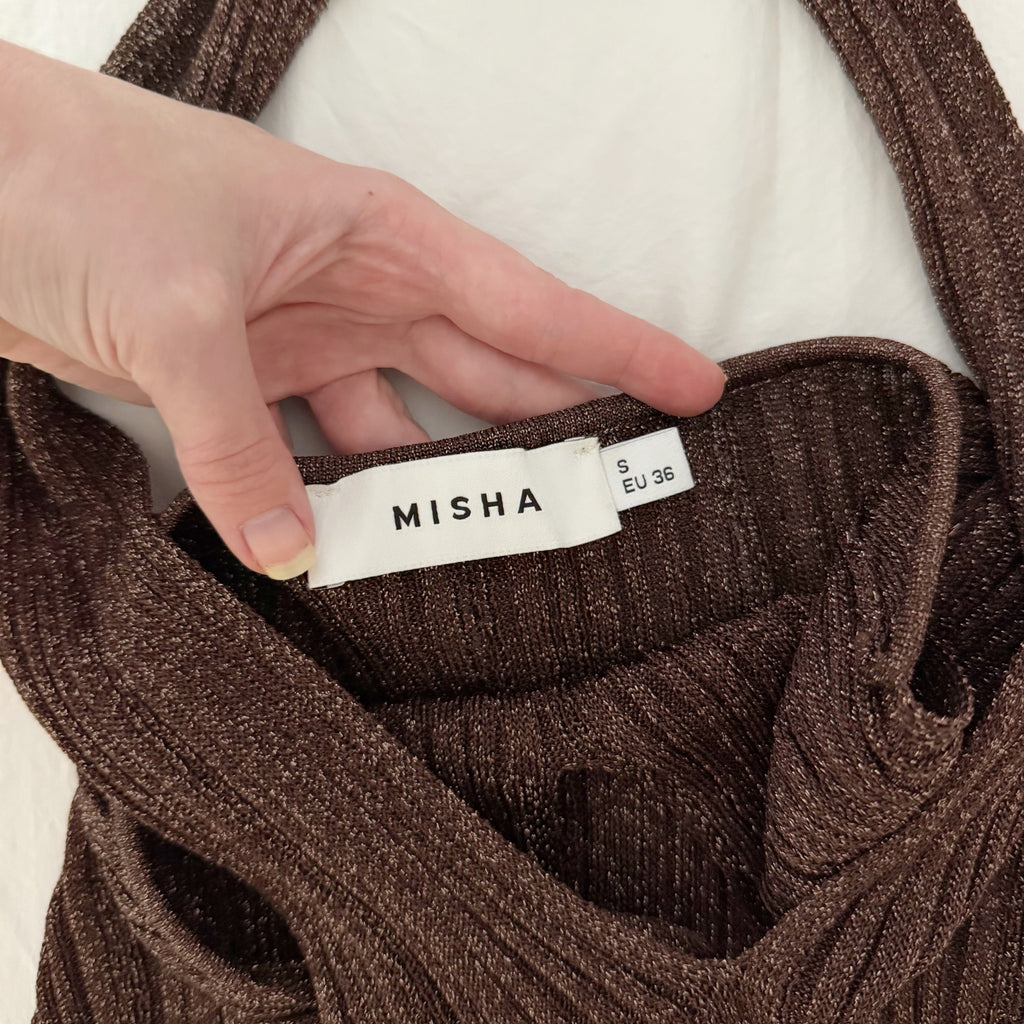 Misha Collection Echo Metallic Knit Halter Top Espresso NWOT Size S